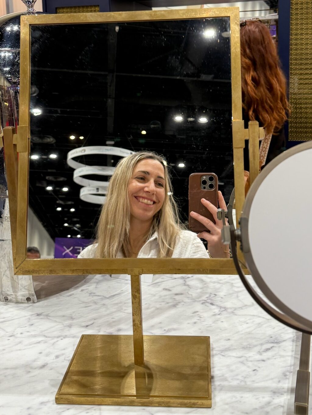 Brass table top vanity mirror with stand.  